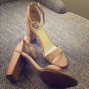 G by Guess tan with gold flake heels